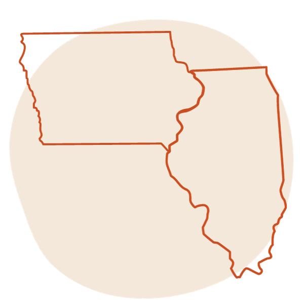 orange outlines of Iowa and Illinois, Midwest states